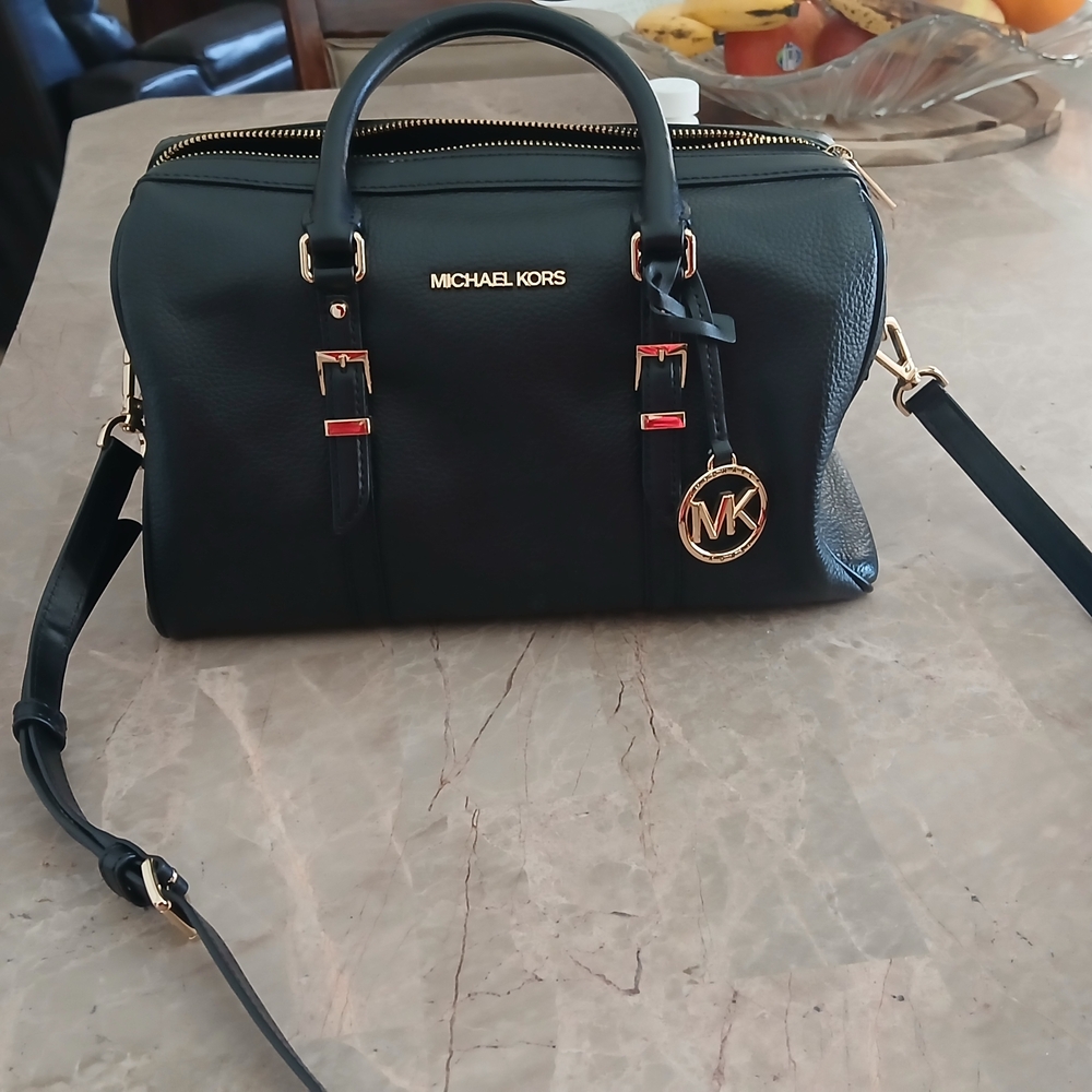 Michael Kors Black Leather Satchel with Gold Hardware